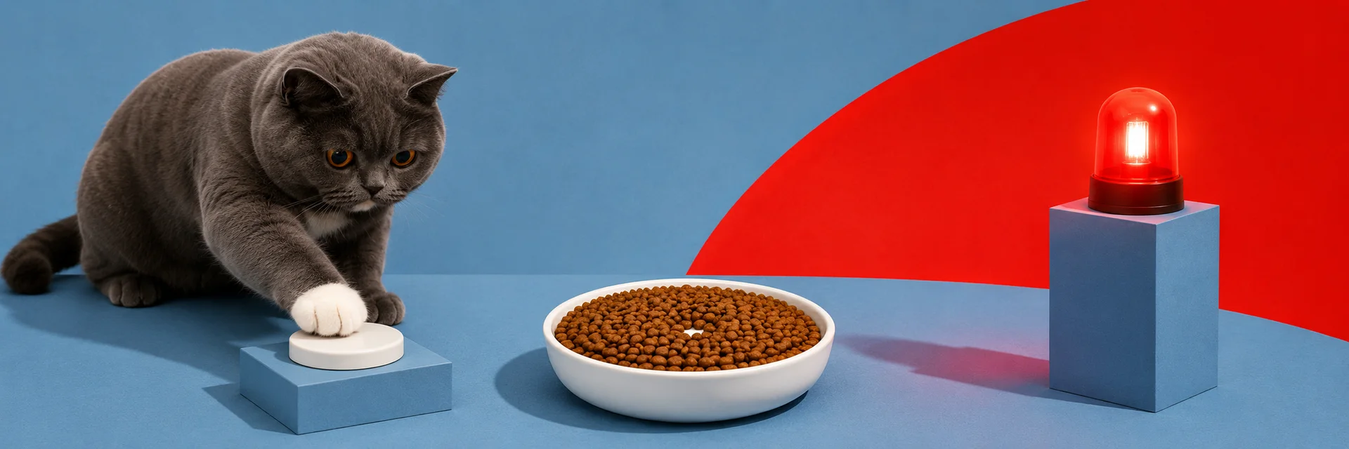The cat pressing a white emergency button beside a full bowl, with a red beacon lit on a pedestal